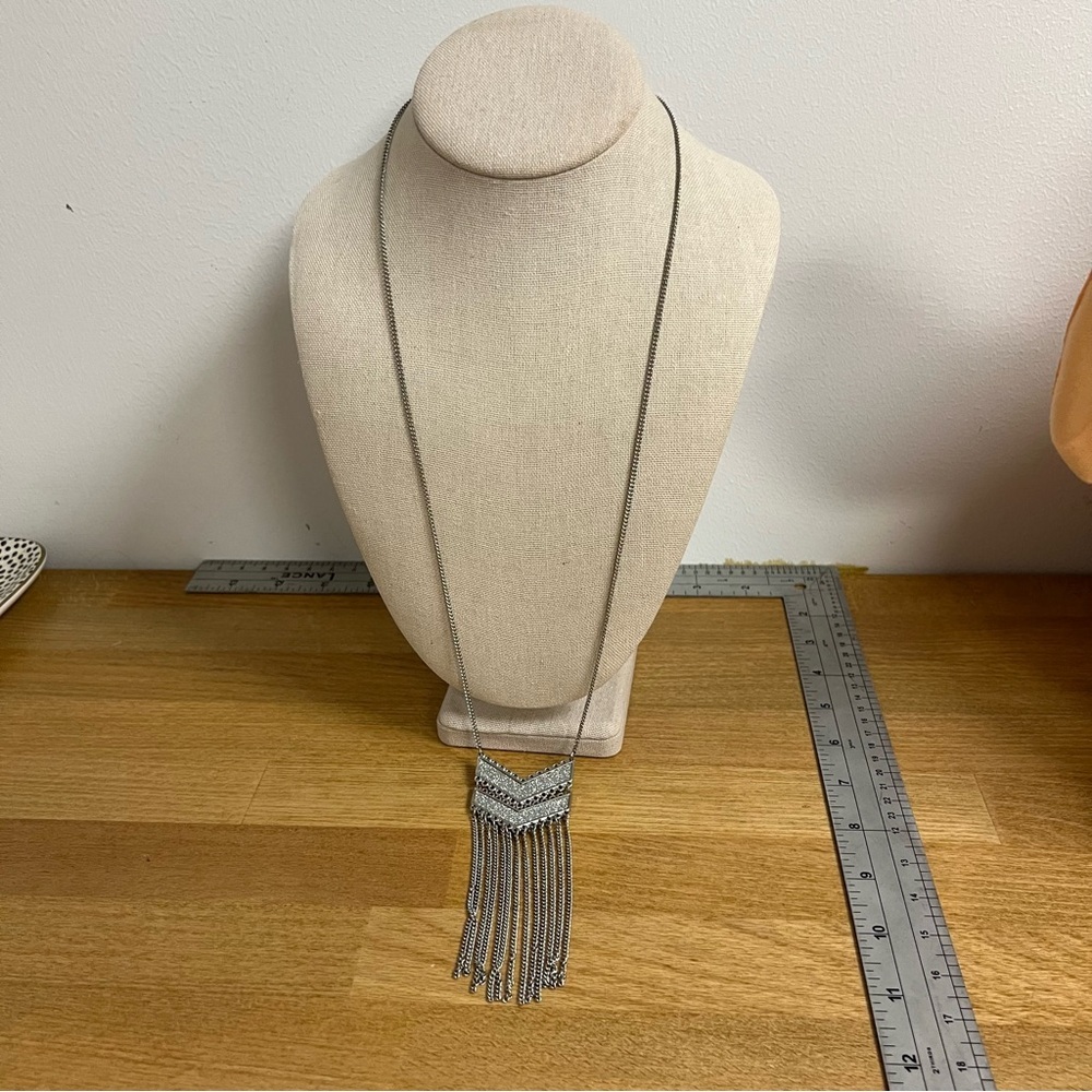 Silver tone Aztec Southwestern chevron metallic tassel long lanyard necklace